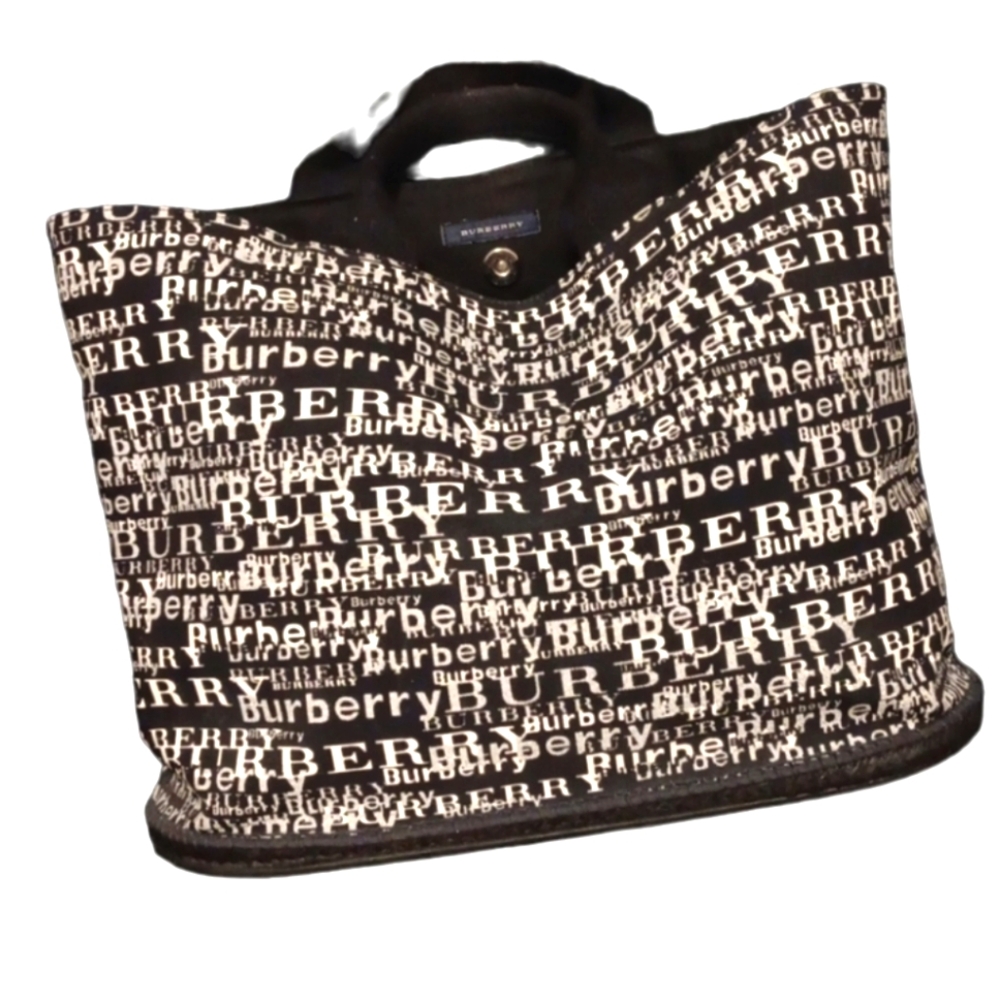 Burberry Black and White Logo Print Canvas Tote